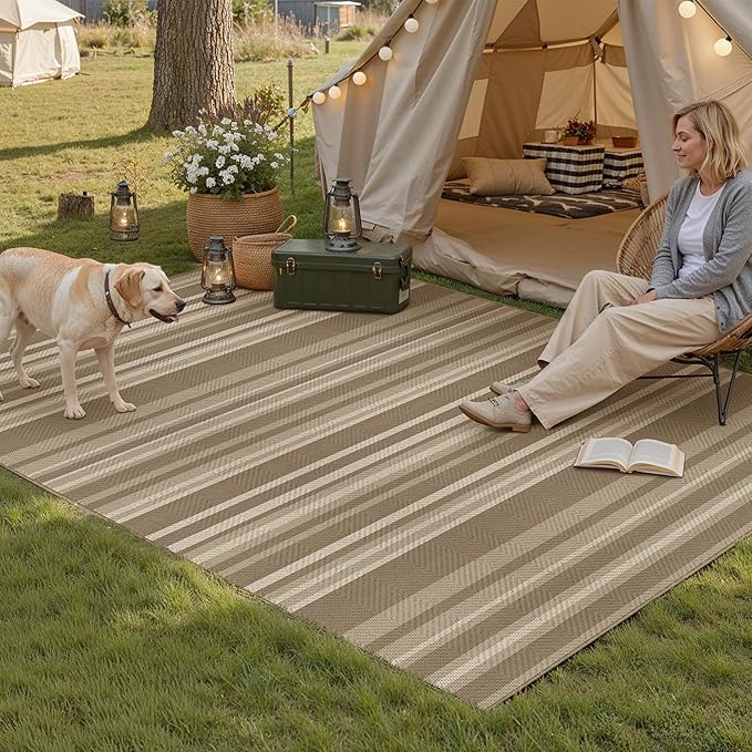 4x6 Easy Jute Stripe Area Rug Washable Beige Brown Indoor Outdoor Rug Non Slip by WondRg