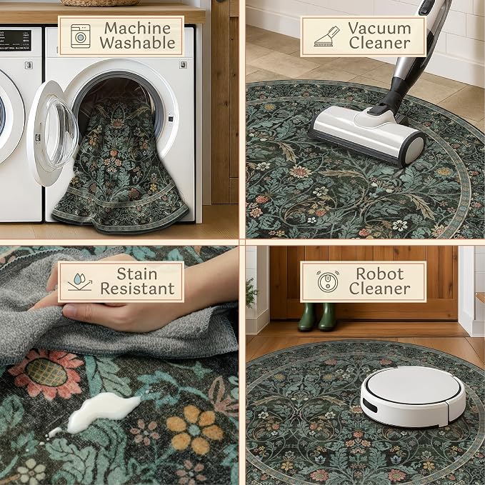 Washable 7ft Round Area Rug for Living Room, Dark Green Vintage Floral Rug for - Image 3