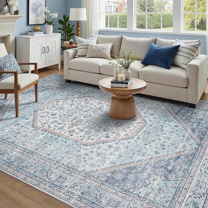 DCX Machine Washable Blue Rugs for Living Room 9x12, Non Slip Stain Resistant - Image 2