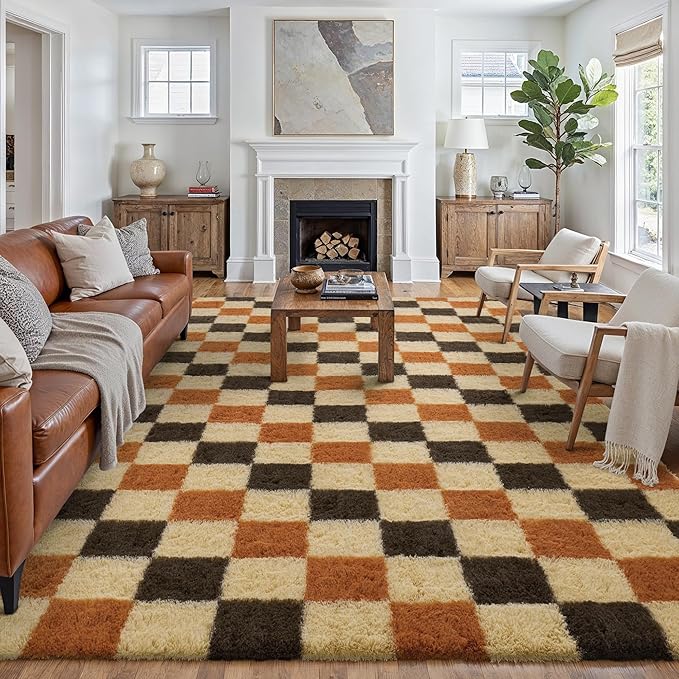PureCozy Checkered Rug 6x9 for Living Room, Colorful Modern Shag Rug Washable by PureCozy