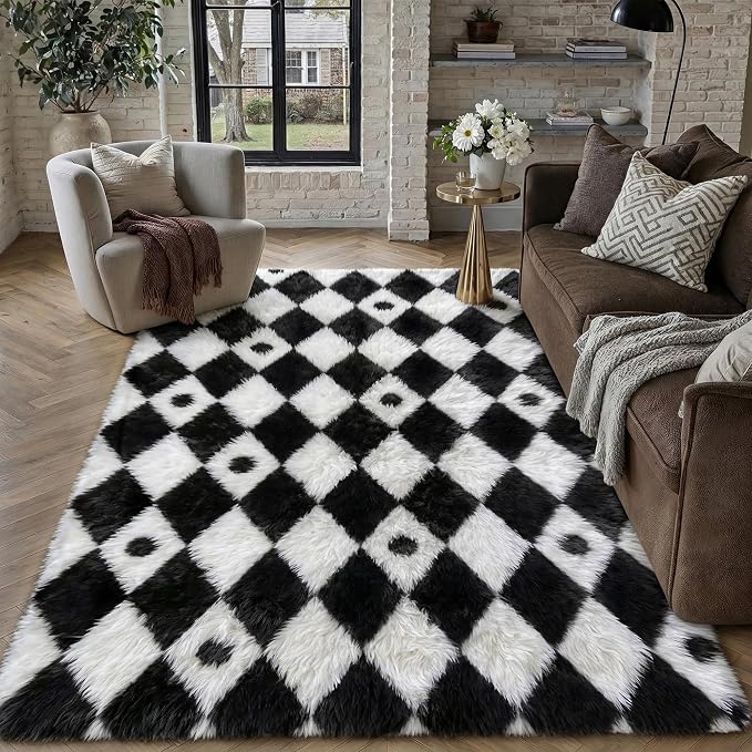 PureCozy Checkered Rug 4x6 Fluffy Shag Living Room Black and White Area Rug - Image 4