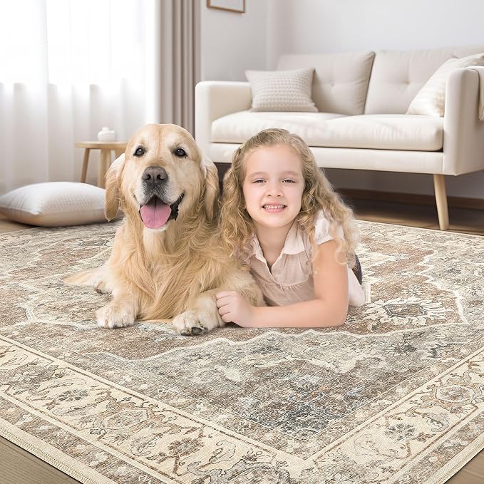 10x12 Washable Area Rug: Vintage Neutral Soft Non Slip Thin Large Floor Carpet - Image 7