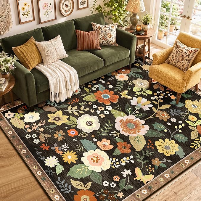 RELEANY Floral 6x9 Area Rugs Washable Print Boho Cute Carpet Non Slip Flower by RELEANY