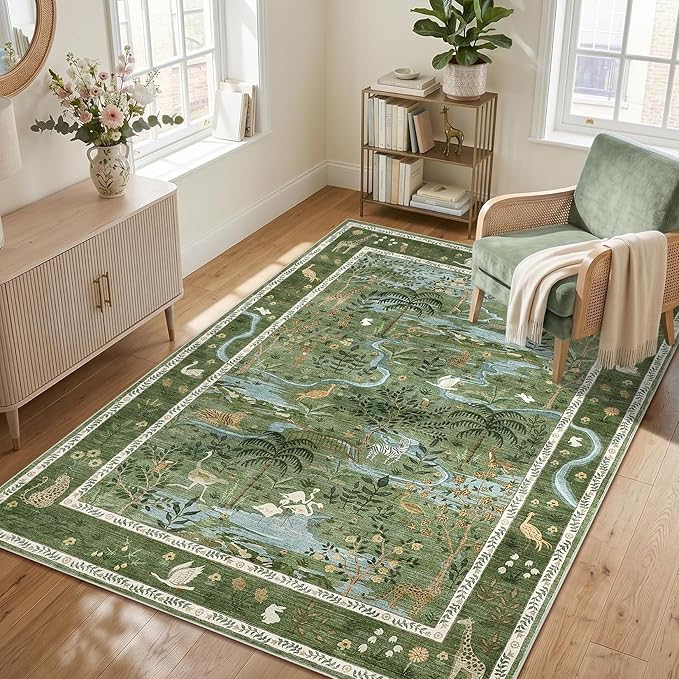 Washable Area Rug 5x7 Green Animal Print Rugs by Garvee