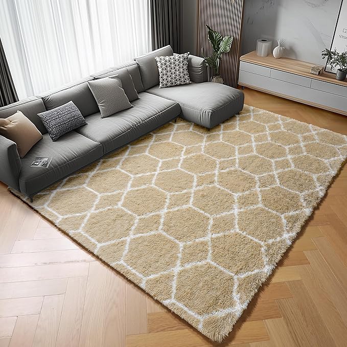 ONASAR Rugs for Living Room Bedroom, 5x8 Fluffy Beige and White Area Rug - Image 6