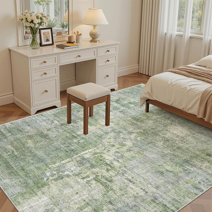 Soalmost Abstract Rug 5x7 Machine Washable Area Indoor Green Low Pile Non-Slip - Image 3