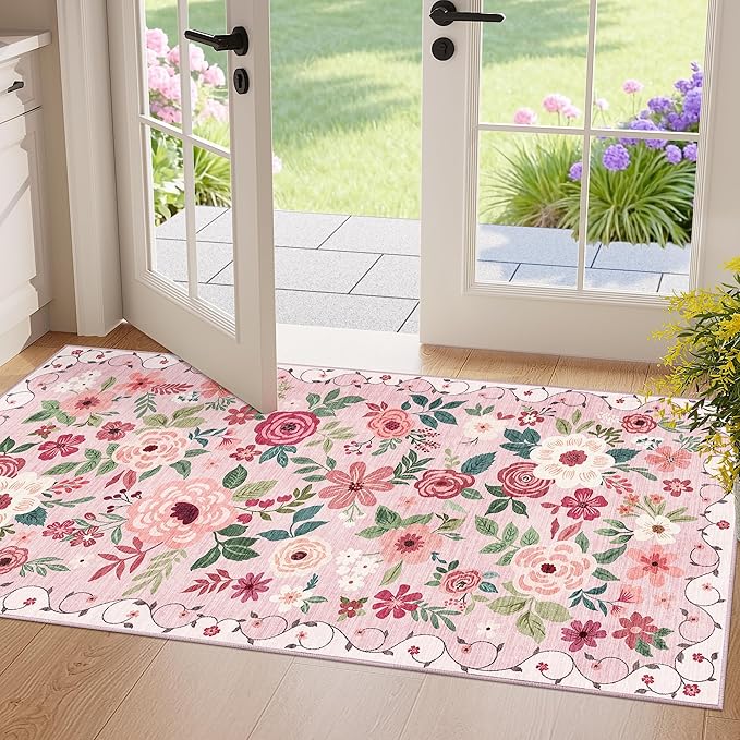 DUKINO 2x4 Rug for Entryway, Washable Kitchen Floral Runner Rug by DUKINO