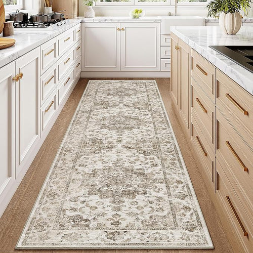 2x8 Washable Neutral Runner Rug Brown Vintage Hallway Kitchen Carpet Non-Slip - Image 2