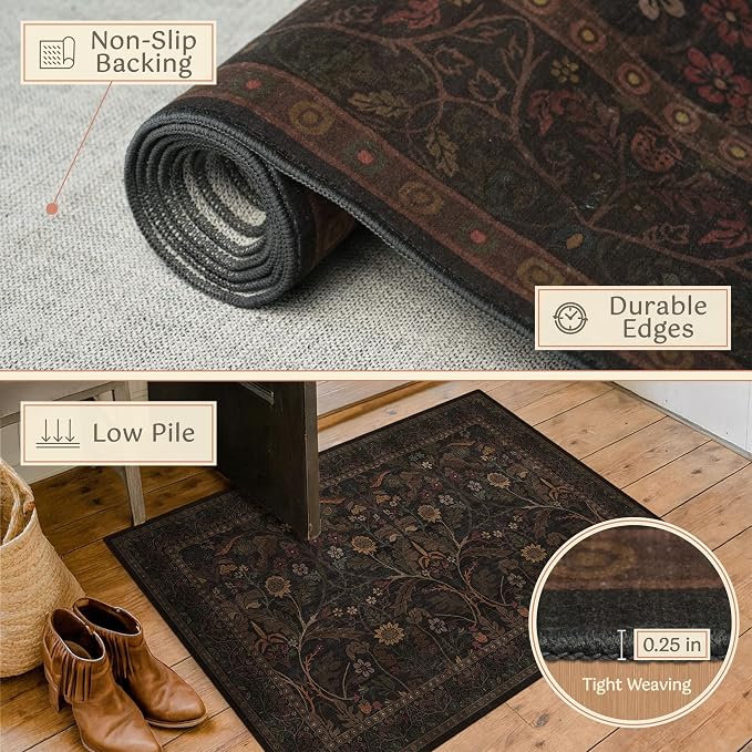 7x10 Washable Rug for Living Room, Dark Brown Vintage Cottagecore Floral Area - Image 4