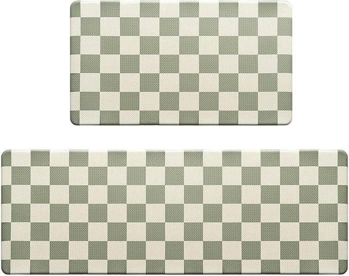 Beige Sage Checkered Grid Checkerboard Kitchen Rug Sets, Anti-Fatigue, - Image 3