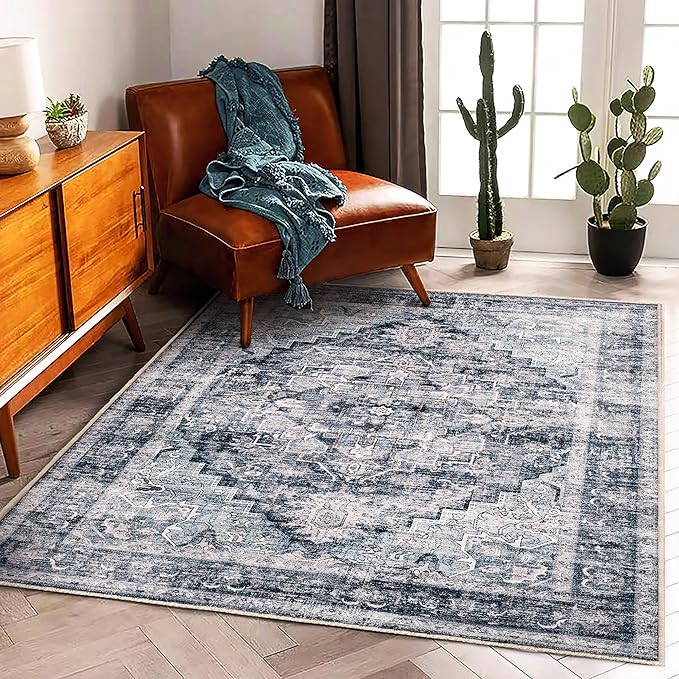 CHAMPLANT Area Rug 5'x7' Dark Blue Washable Vintage Traditional Floor Cover by CHAMPLANT