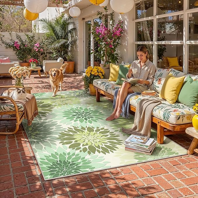 5x7 Indoor Outdoor Area Rug Washable Patio Rug Green Non Slip Non Shedding by WondRg