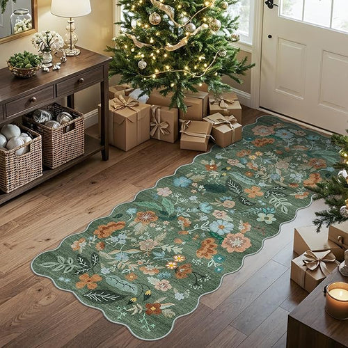 2x5 Washable Kitchen Area Rug: Floral Scalloped Entryway Runner Farmhouse by HYHAOYUNLAI