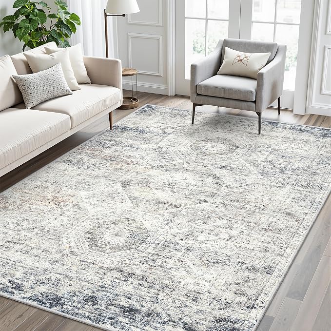 Soalmost 5x8 Area Rugs Blue Ivory Low Pile Indoor Washable Trendy Faded Style by Soalmost