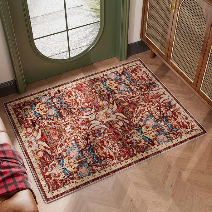 AMTOVO 2x3 Washable Indoor Welcome Door Mat, Vintage Boho Floral Distressed by AMTOVO