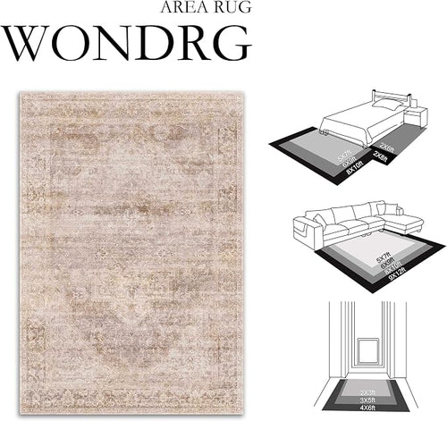 9x12 Neutral Area Rug Beige Vintage Living Room Bedroom Washable Carpet - Image 2