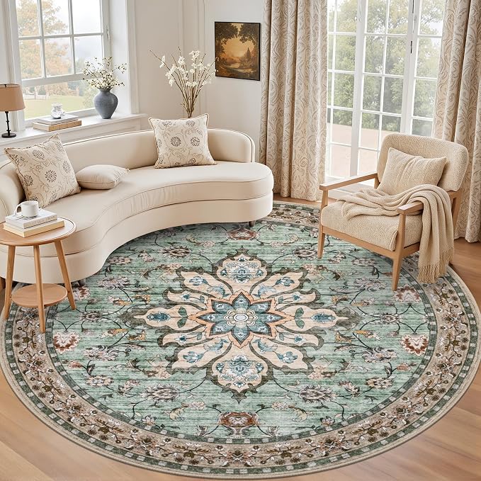 Round Area Rug for Living Room: 8 ft Washable Vintage Boho Soft Thin Circle Rug by EXPEDIX