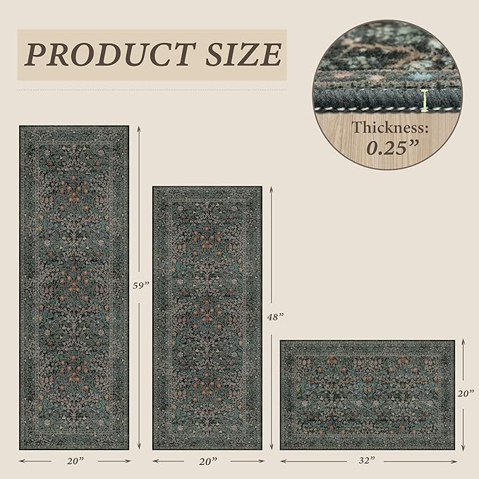 Black Green Kitchen Rug Set of 3, Washable Non-Slip Mats - Image 2