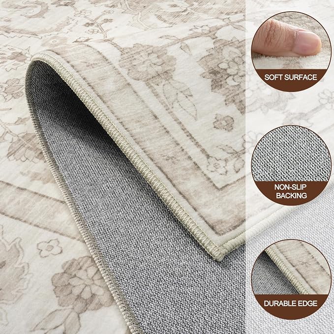 5x7 Area Rugs for Living Room:Beige Washable Vintage Medallion Carpet Non-Slip - Image 8