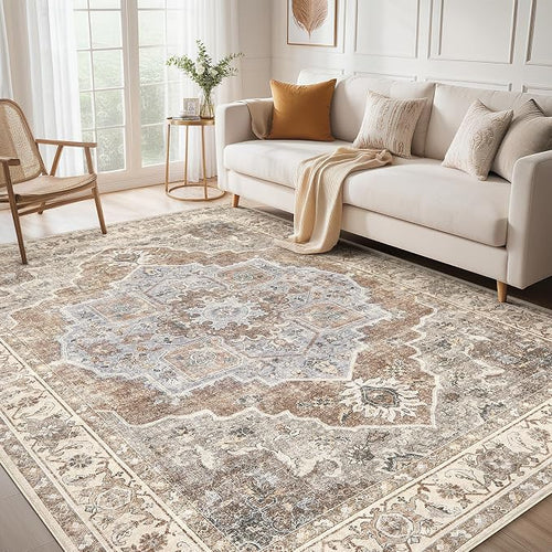8x10 Washable Area Rug: Vintage Neutral Soft Non Slip Thin Large Floor Carpet by MICGEEK