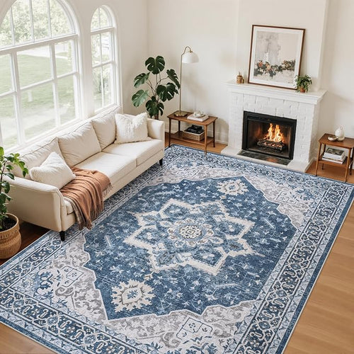 6x9 Area Rugs for Living Room:Blue Washable Vintage Medallion Boho Rug Non-Slip by Unknown