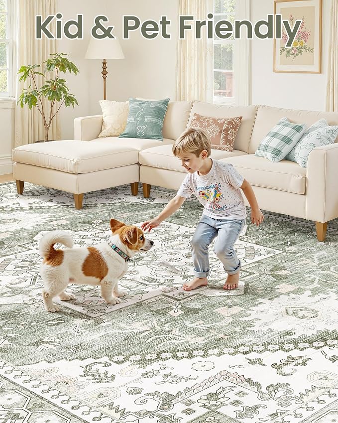 7x9 Vintage Area Rug: Washable Neutral Soft Non Slip Thin Large Floor Carpet - Image 7
