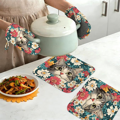 Cute Cat Oven Mitts and Pot Holders Set of 4, Blooming Colorful Flowers Kitchen - Image 7