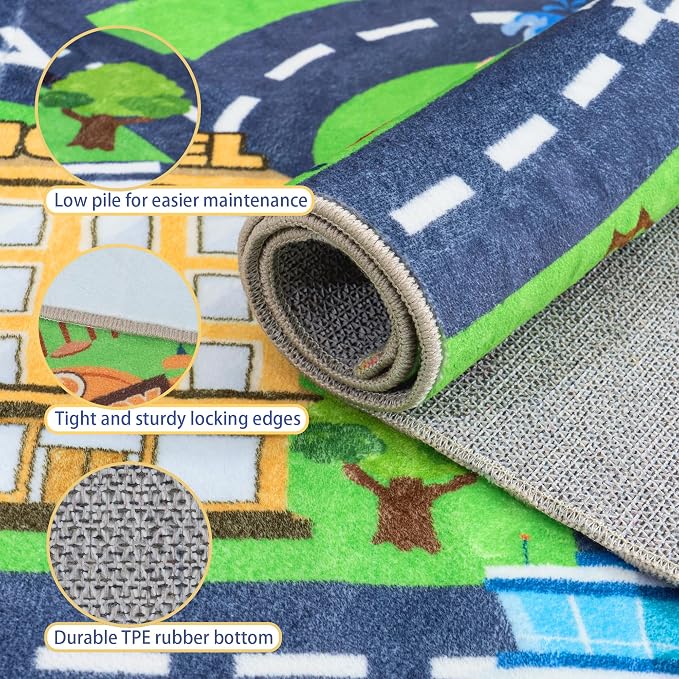 Kids Room Rug - Soft & Non-Slip 9x12 Ft Town Car Rug City Map Play Mat - Image 5