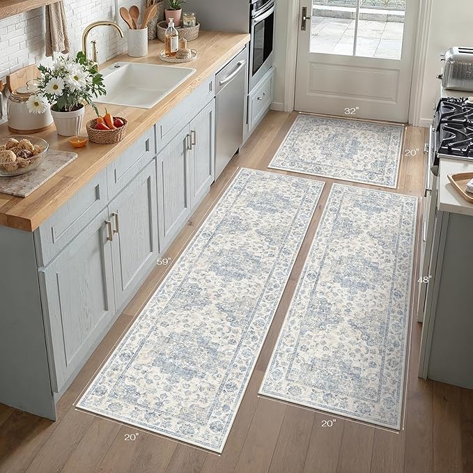 Neutral Kitchen Rug Set of 3 Washable Blue Vintage Kitchen Mats - Image 6