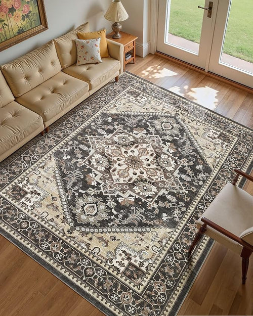 10x12 Vintage Area Rug: Washable Neutral Soft Non Slip Thin Large Floor Carpet - Image 2