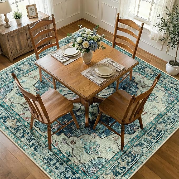 RELEANY Area Rugs Square 8ft Washable Non-Slip, Floral Vintage Distress - Image 2