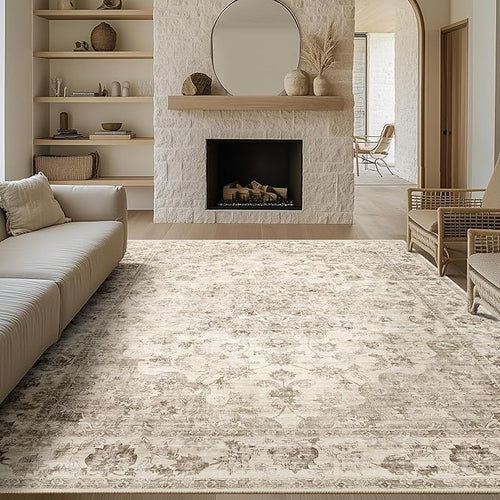 12x15 Neutral Area Rug Beige Vintage Living Room Bedroom Washable Carpet by WondRg
