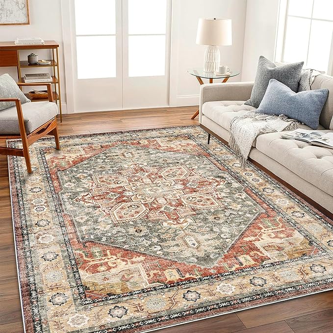 CHAMPLANT Area Rug 6'x9' Red Khaki Washable Vintage Traditional Floor Cover by CHAMPLANT