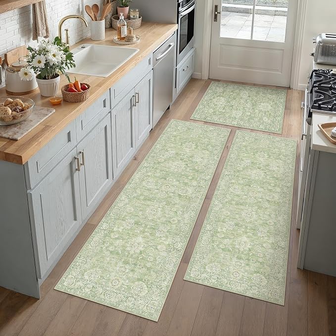 Neutral Kitchen Rug Set of 3 Washable Green Floral Kitchen Mats by WondRg