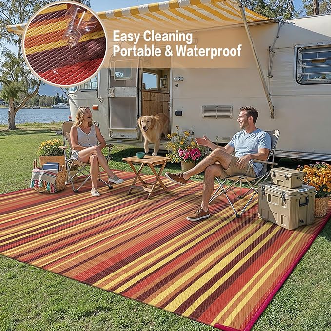 Outdoor Plastic Straw Rug Waterproof Patio 5x8 Red Orange Stripe Mat - Image 6