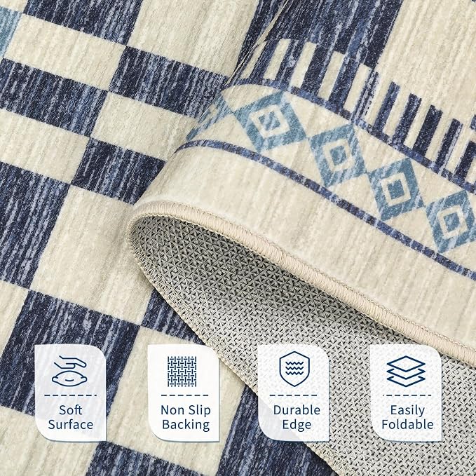 GarveeHome Runner Rug 2x10 for Kitchen Blue Contemporary Checkered Long Rug for - Image 5