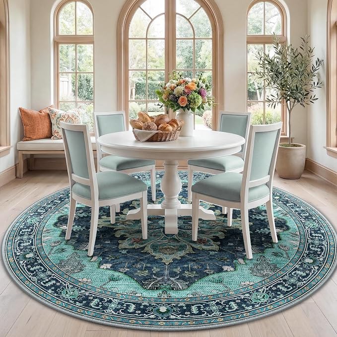 RELEANY Area Rugs Round 7ft Washable Non-Slip, Floral Vintage Distress by RELEANY