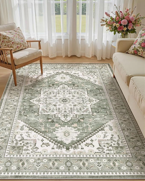 7x9 Vintage Area Rug: Washable Neutral Soft Non Slip Thin Large Floor Carpet by MICGEEK