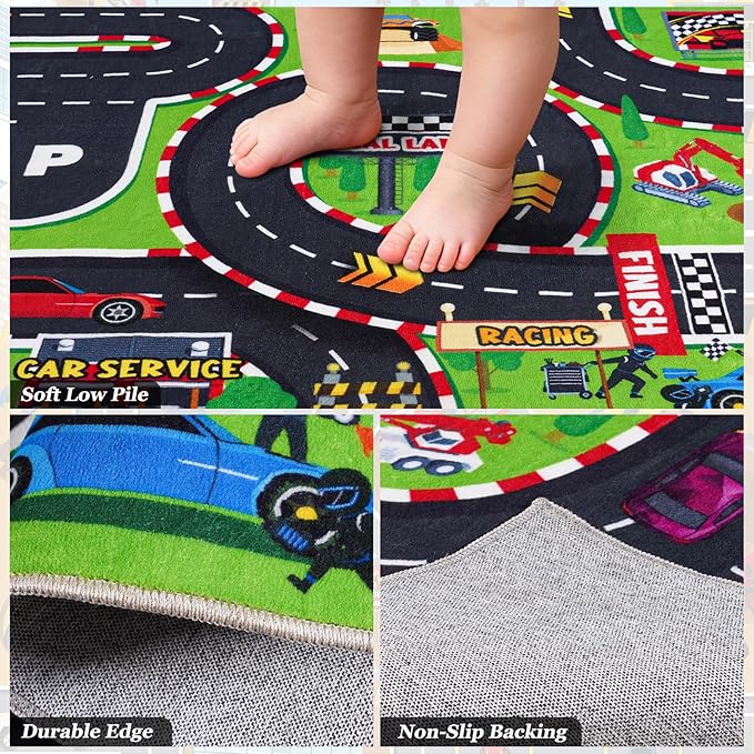 8x10 Ft Kids Race Track Car Rug Play Mat, Washable Non-Slip Large Playroom Rugs - Image 7