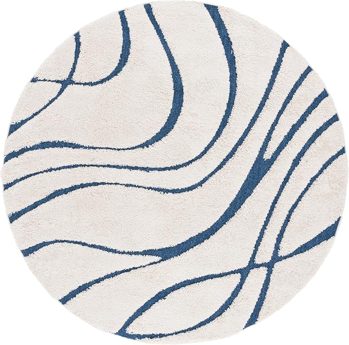SAFAVIEH Florida Shag Collection 6'7" Round Cream/Blue SG471 Abstract Wave - Image 3