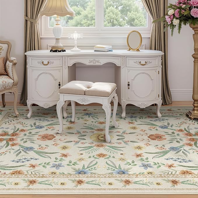 Beige Floral Washable Rug 7x9 – Large Vintage Boho Non-Slip Carpet, Soft Low - Image 3