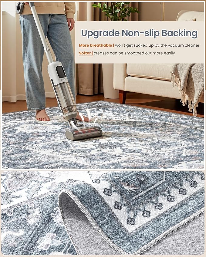 5x8 Vintage Area Rug: Washable Neutral Soft Non Slip Thin Large Floor Carpet - Image 6