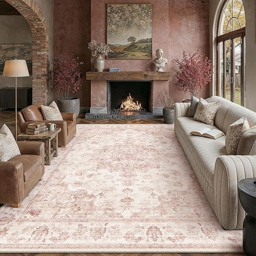 8x10 Washable Neutral Area Rug Pink Vintage Living Room Bedroom Carpet Non-Slip by WondRg