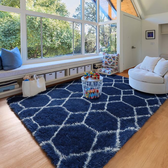 ONASAR 7x9 Area Rugs for Living Room Bedroom, Large Fluffy Navy Blue and White - Image 9