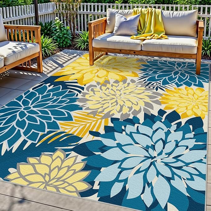 Colorful 9x12 Outdoor Area Rug Washable Multicolored Patio Rug Tropical by ArenaRug