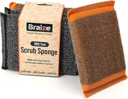 Heavy-Duty Steel Wool Scrubber Sponges 4 Pack – Stainless Steel Cleaning Pads by Braize
