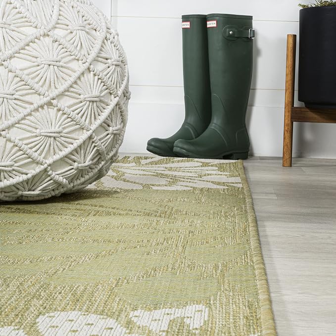 JONATHAN Y Floral Textured Weave Indoor Outdoor Square Area Rug 5X5 Green/Cream - Image 4