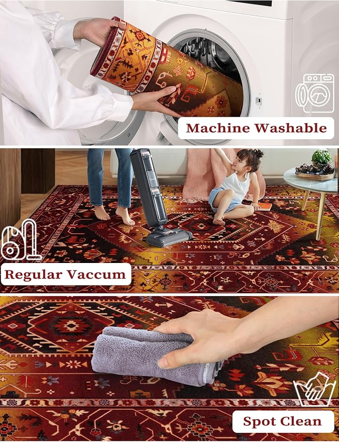 SERISSA Boho Washable Runner Rug, 2x6 Rug Runner Non-Slip Vintage Rustic Red - Image 3