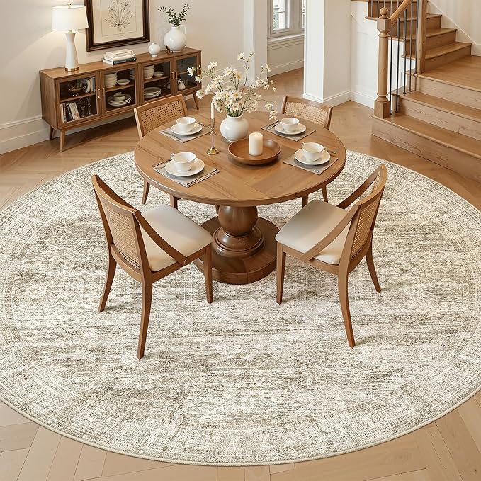 Soalmost 9x9 Brown Round Rug 9ft Living Room Circle Rug Vintage Round Area Rug - Image 2