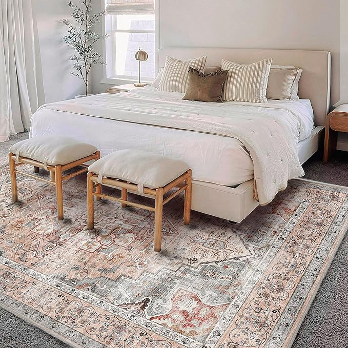 CHAMPLANT Washable Area Rug 10'x14' Light Cyan and Light red Retro Flowers Boho - Image 2